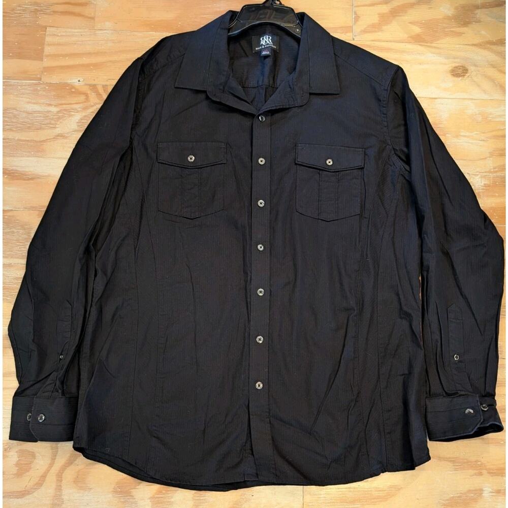 Rock & Republic Men's Button Down Dress Shirt Lg Black L/S Gunmetal Buttons